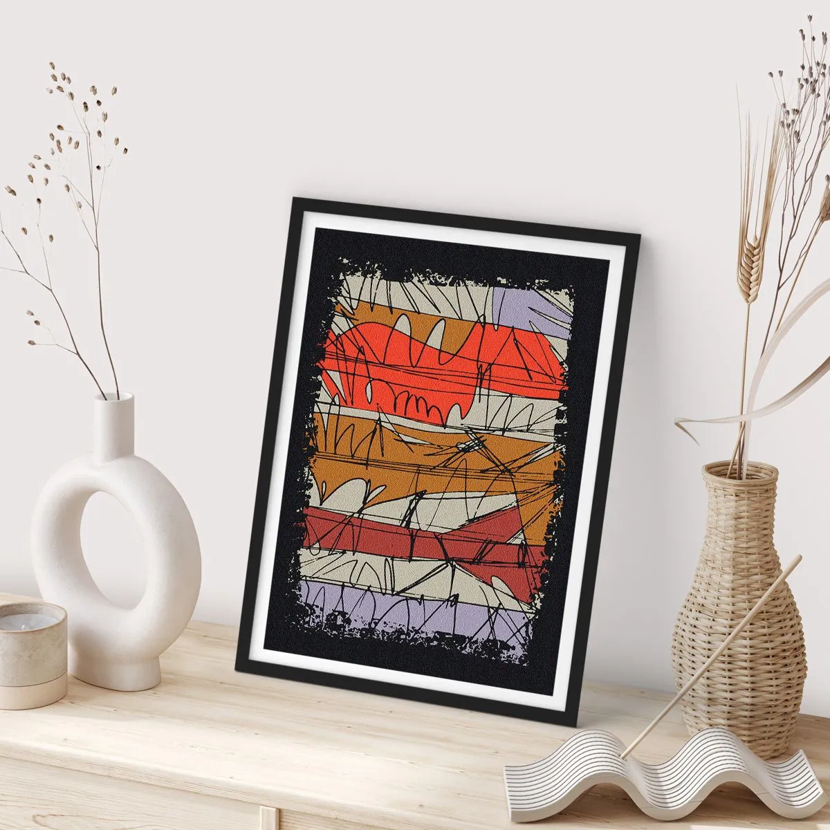 Poster in einem schwarzem Rahmen - Eine abstrakte Komposition mit dynamischen Linien und Farben. - 50x70cm - Spontane Komposition - Moderne Wanddekoration für Wohnzimmer und Schlafzimmer ARTTOR