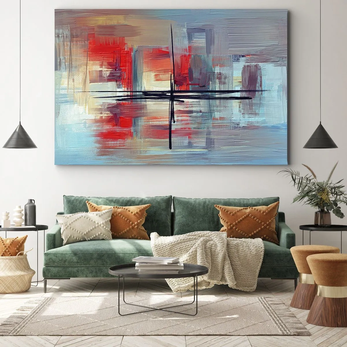 Bild auf Leinwand - Leinwandbild - Eine abstrakte Komposition mit intensiven Farben, Linien und geometrischen Formen. - 70x50cm - Landschaft in einer unbekannten Dimension - Moderne Wanddekoration für Wohnzimmer und Schlafzimmer ARTTOR