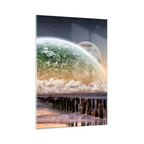 Glasbild - Bild auf glas - Sonnenuntergang über dem Planeten und dem Ozean - 50x70cm - Und die Welt tauchte aus dem Wasser auf - Moderne Wanddekoration für Wohnzimmer und Schlafzimmer ARTTOR