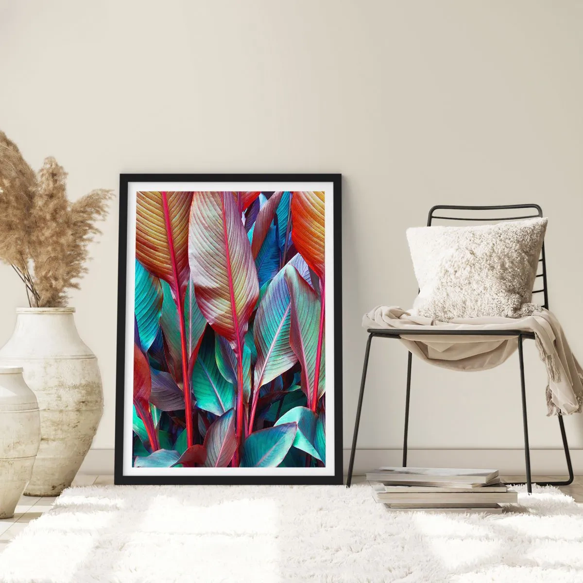 Poster in einem schwarzem Rahmen - Bunte Blätter einer tropischen Pflanze in gesättigten Farben - 50x70cm - Buntes Dickicht - Moderne Wanddekoration für Wohnzimmer und Schlafzimmer ARTTOR