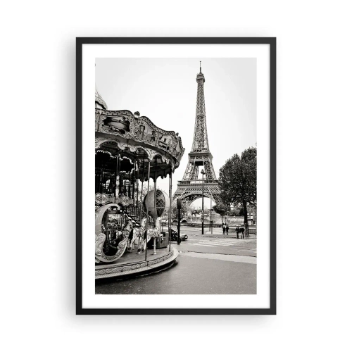 Poster in einem schwarzem Rahmen - Schwarz-Weiß-Foto des Karussells und des Turms im Hintergrund - 50x70cm - So lustig ist es nur in Paris - Moderne Wanddekoration für Wohnzimmer und Schlafzimmer ARTTOR