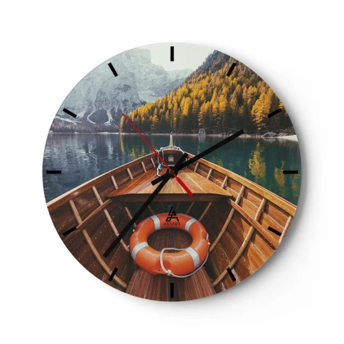 Wanduhr - Glasuhr - Blick vom Boot auf einen See, umgeben von Bergen und Wäldern - 30x30cm - Bergreise - Moderne Wanddekoration für Wohnzimmer, Küche und Schlafzimmer ARTTOR