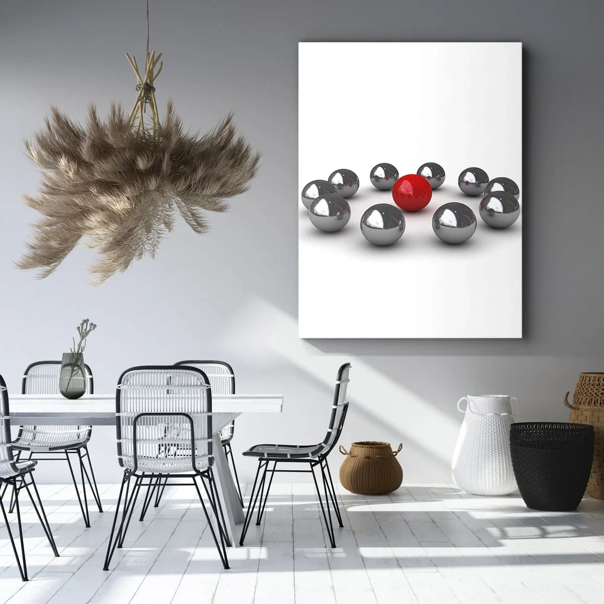Bild auf Leinwand - Leinwandbild - Eine rote Kugel, umgeben von silbernen Kugeln auf weißem Hintergrund - 50x70cm - Ein Kreis in Silber und Rot - Moderne Wanddekoration für Wohnzimmer und Schlafzimmer ARTTOR