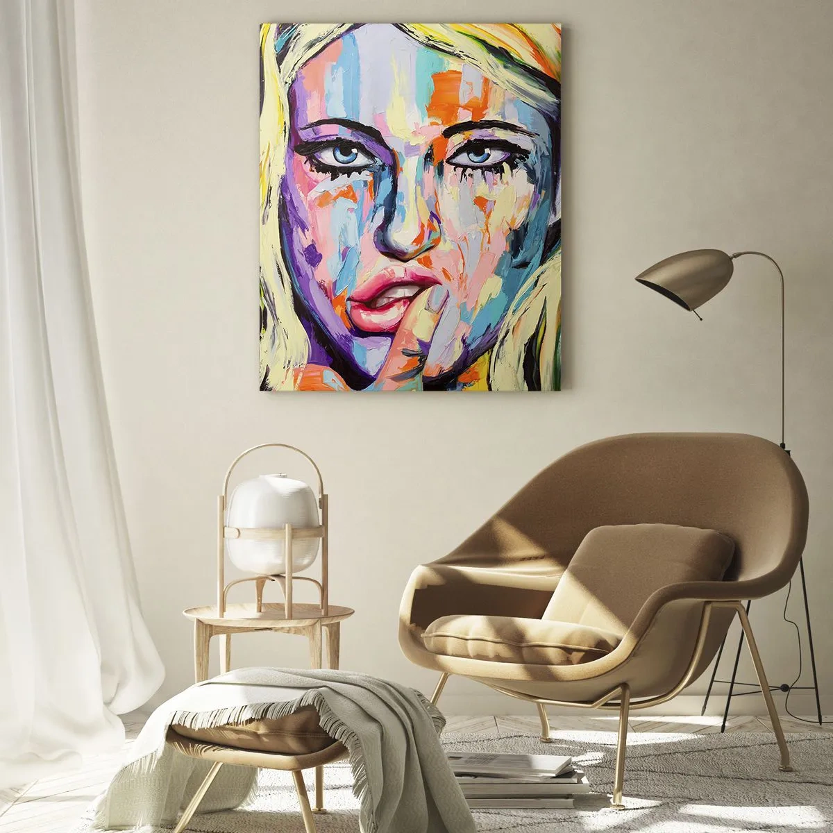 Glasbild - Bild auf glas - Farbenfrohes Porträt einer Frau im abstrakten Stil - 80x120cm - Schau ihr direkt in die Augen - Moderne Wanddekoration für Wohnzimmer und Schlafzimmer ARTTOR