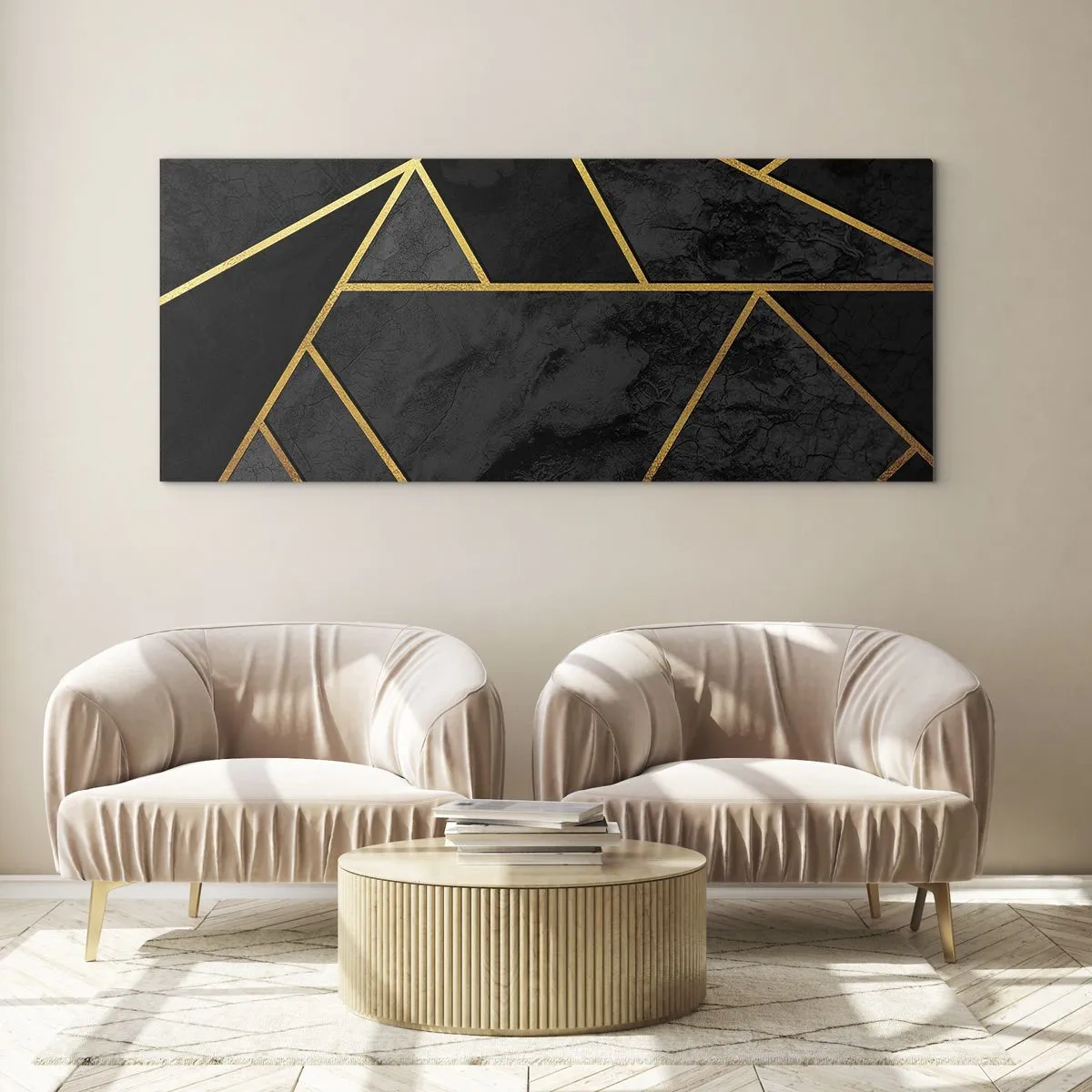 Glasbild - Bild auf glas - Geometrisches Goldmuster auf schwarzem Hintergrund - 160x50cm - Dunkelheit und Glanz - Moderne Wanddekoration für Wohnzimmer und Schlafzimmer ARTTOR