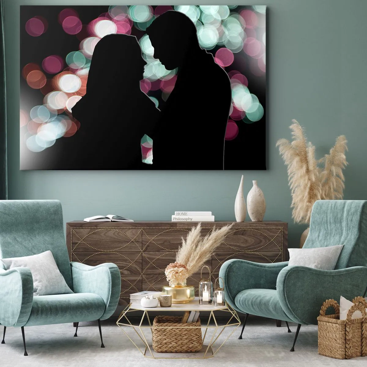 Bild auf Leinwand - Leinwandbild - Silhouetten eines Paares vor dem Hintergrund bunter Bokeh-Lichter - 120x80cm - Jawohl! - Moderne Wanddekoration für Wohnzimmer und Schlafzimmer ARTTOR
