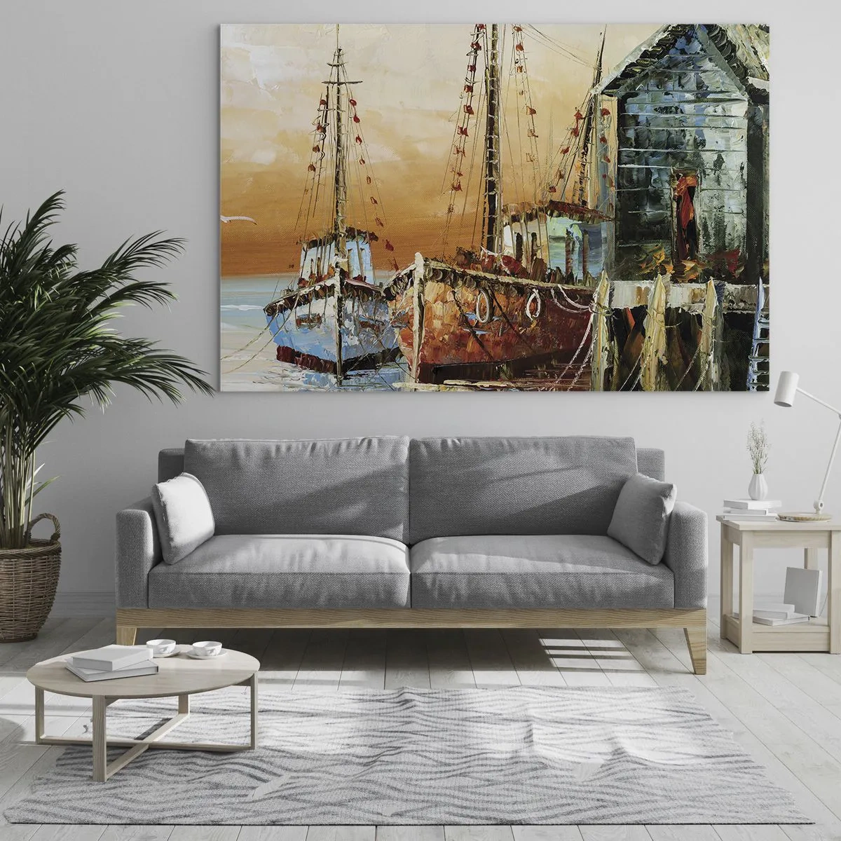 Glasbild - Bild auf glas - Bunte Boote im Yachthafen - 70x50cm - Friedliche Rückkehr - Moderne Wanddekoration für Wohnzimmer und Schlafzimmer ARTTOR