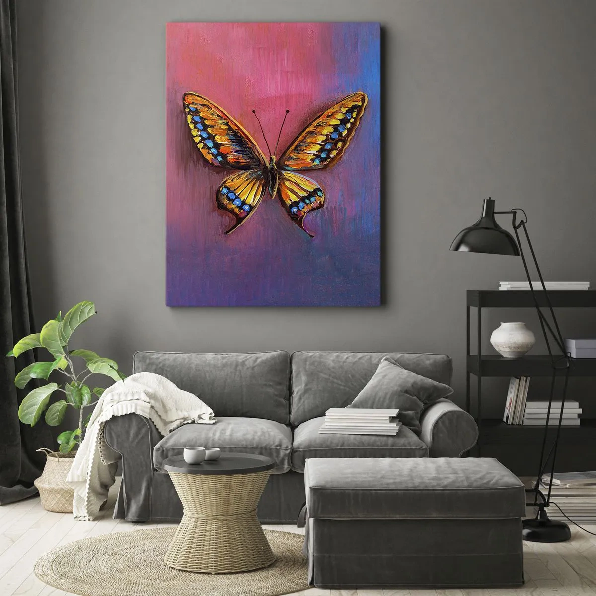 Bild auf Leinwand - Leinwandbild - Bunter Schmetterling auf abstraktem Hintergrund - 50x70cm - Ein Juwel der Natur - Moderne Wanddekoration für Wohnzimmer und Schlafzimmer ARTTOR