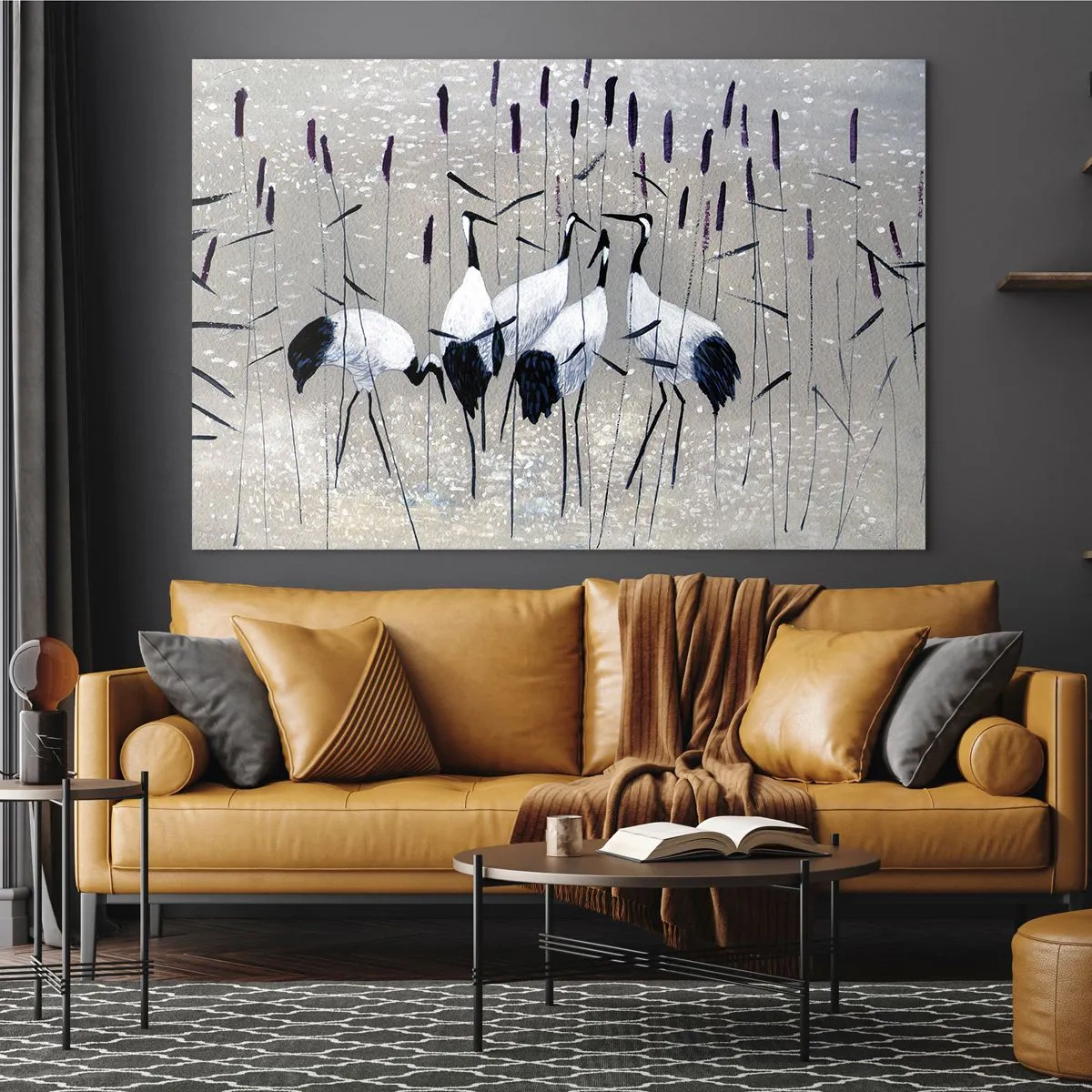 Glasbild - Bild auf glas - Vier Kraniche im Schilf am See - 100x70cm - Unter ihren eigenen - Moderne Wanddekoration für Wohnzimmer und Schlafzimmer ARTTOR