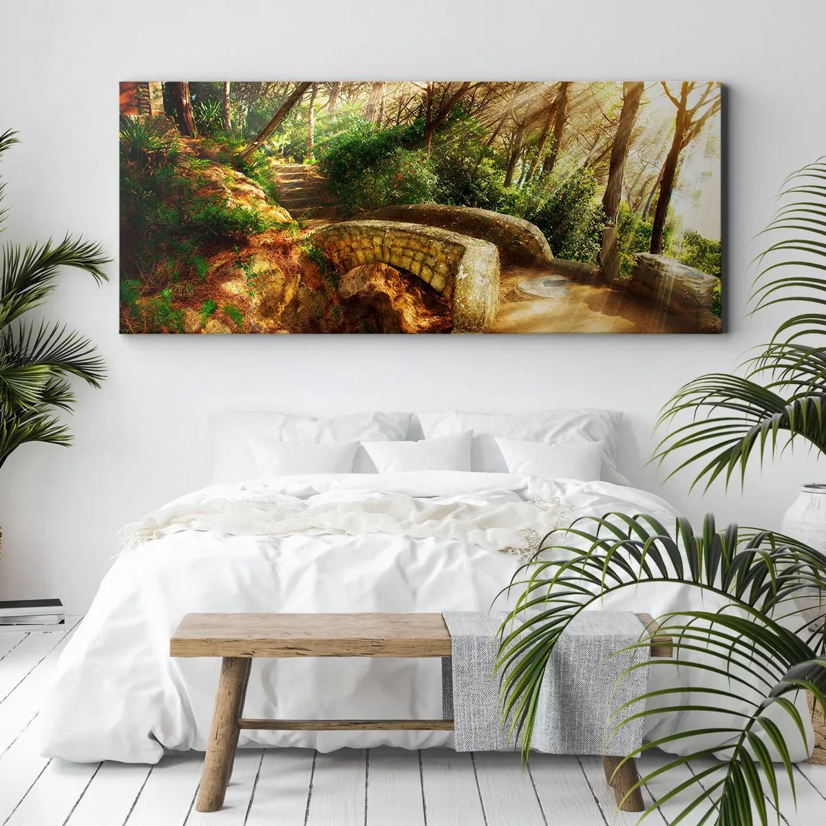 Bild auf Leinwand - Leinwandbild - Waldlandschaft mit Sonnenstrahlen und einer Steinbrücke - 120x50cm - Direkt von der Brücke in den Märchenwald - Moderne Wanddekoration für Wohnzimmer und Schlafzimmer ARTTOR