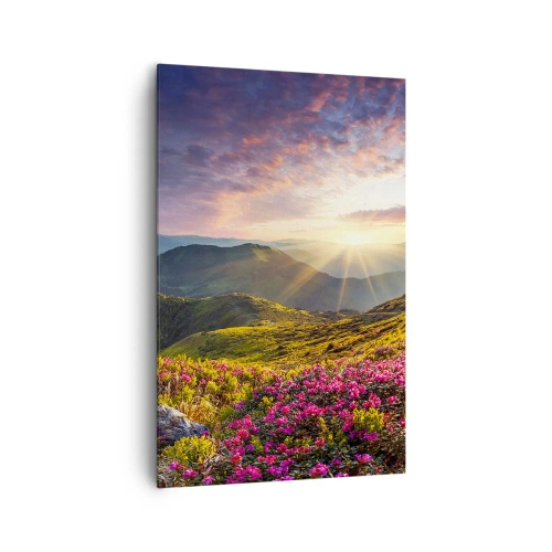Bild auf Leinwand - Leinwandbild - Berglandschaft mit blühenden Rhododendren - 80x120cm - Frische am Bergmorgen - Moderne Wanddekoration für Wohnzimmer und Schlafzimmer ARTTOR