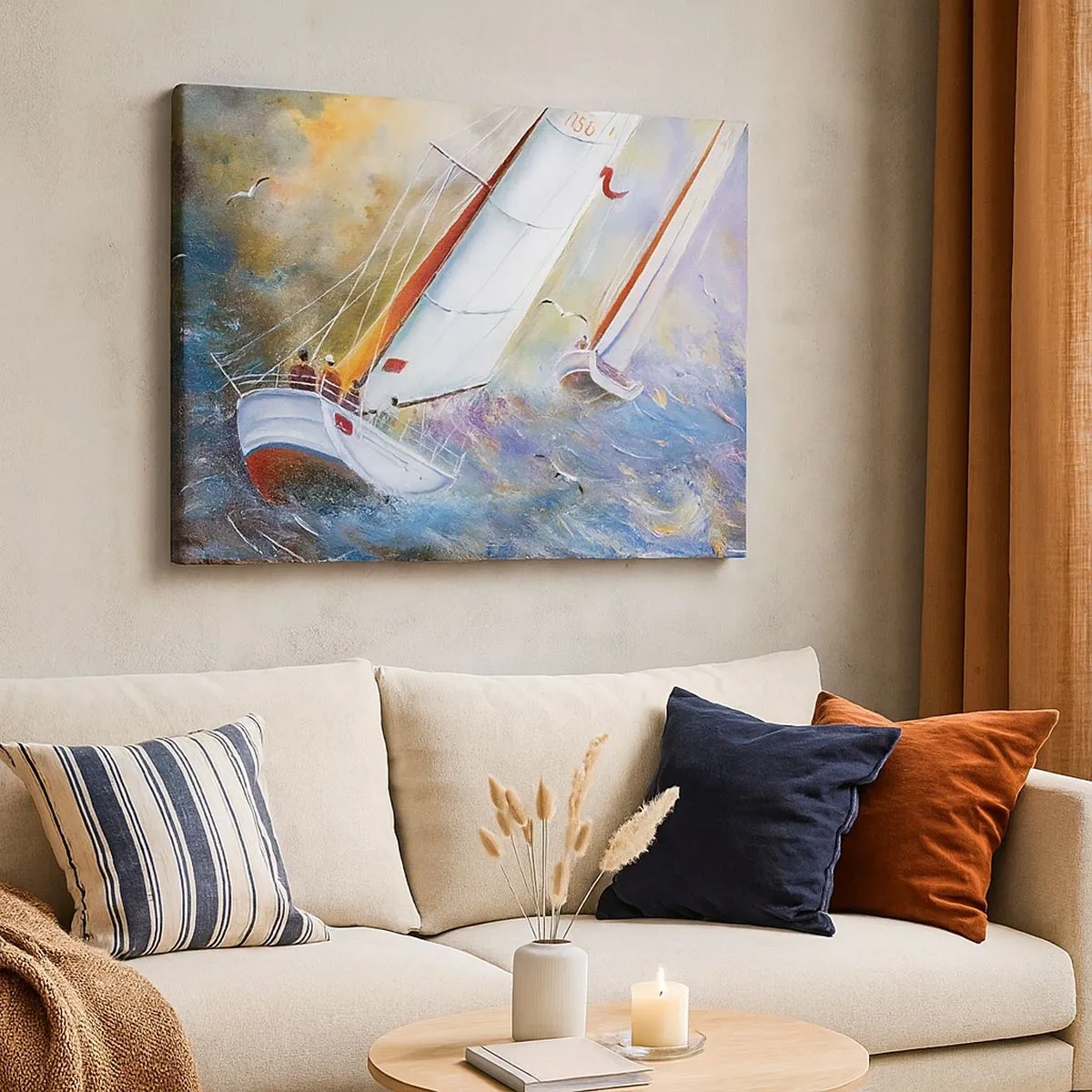 Bild auf Leinwand - Leinwandbild - Segelboote auf rauen Wellen in einer dynamischen Komposition - 70x50cm - Durch die Wellen laufend - Moderne Wanddekoration für Wohnzimmer und Schlafzimmer ARTTOR
