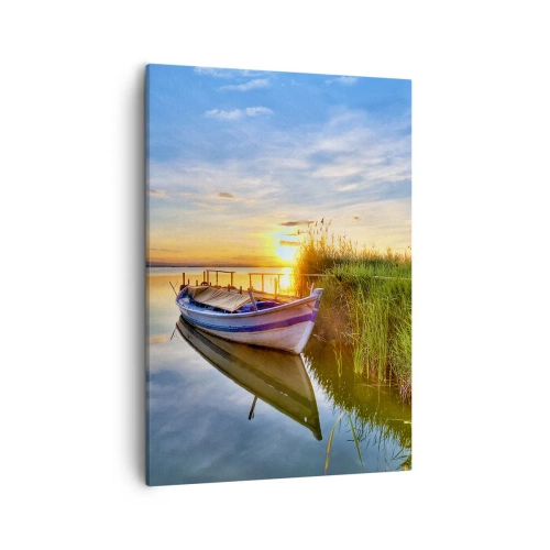 Bild auf Leinwand - Leinwandbild - Ein Boot in einer ruhigen Bucht bei Sonnenuntergang - 50x70cm - Bucht erfüllter Träume - Moderne Wanddekoration für Wohnzimmer und Schlafzimmer ARTTOR