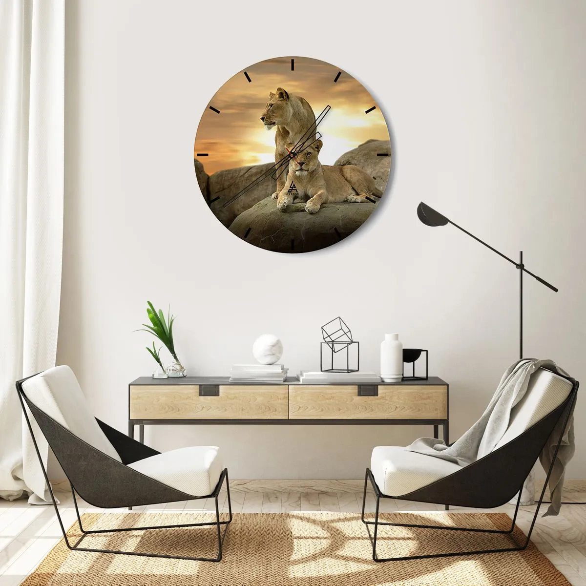 Wanduhr - Glasuhr - Zwei Löwen vor der untergehenden Sonne - 30x30cm - Königliche Majestät - Moderne Wanddekoration für Wohnzimmer, Küche und Schlafzimmer ARTTOR