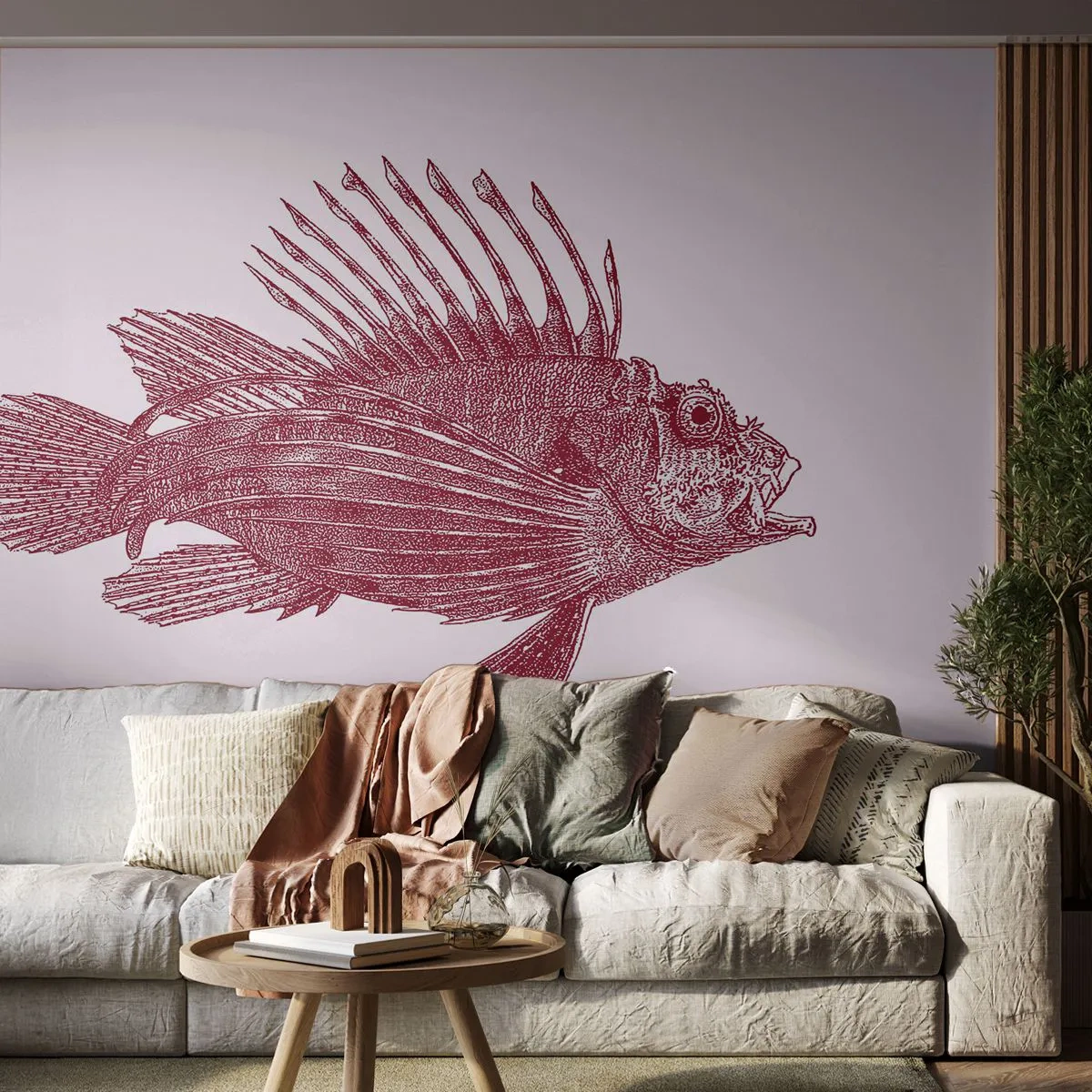 Fototapete Premium Sand - Eine Zeichnung eines exotischen Fisches mit feinen Flossen auf hellem Hintergrund - 100x70cm - Bewohner exotischer Gewässer - Moderne Wanddekoration für Wohnzimmer und Schlafzimmer ARTTOR