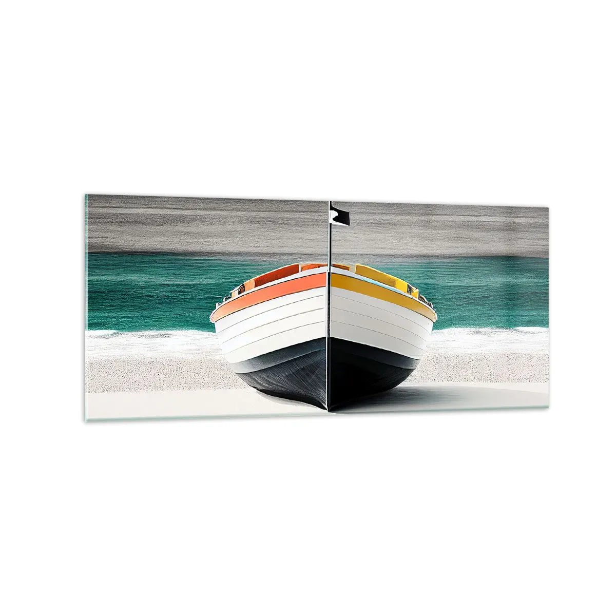 Glasbild - Bild auf glas - Ein Boot am Strand mit türkisfarbenem Meer im Hintergrund - 120x50cm - An seinem Platz - Moderne Wanddekoration für Wohnzimmer und Schlafzimmer ARTTOR