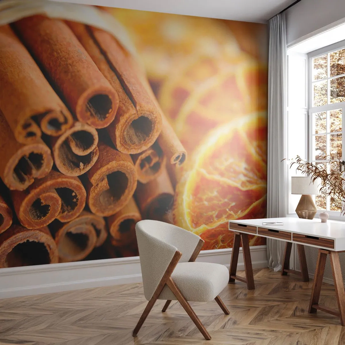 Fototapete Premium Canvas - Kannst du ihr Aroma riechen? - Orange, Zimtstange, Gewürze - 250x175 cm