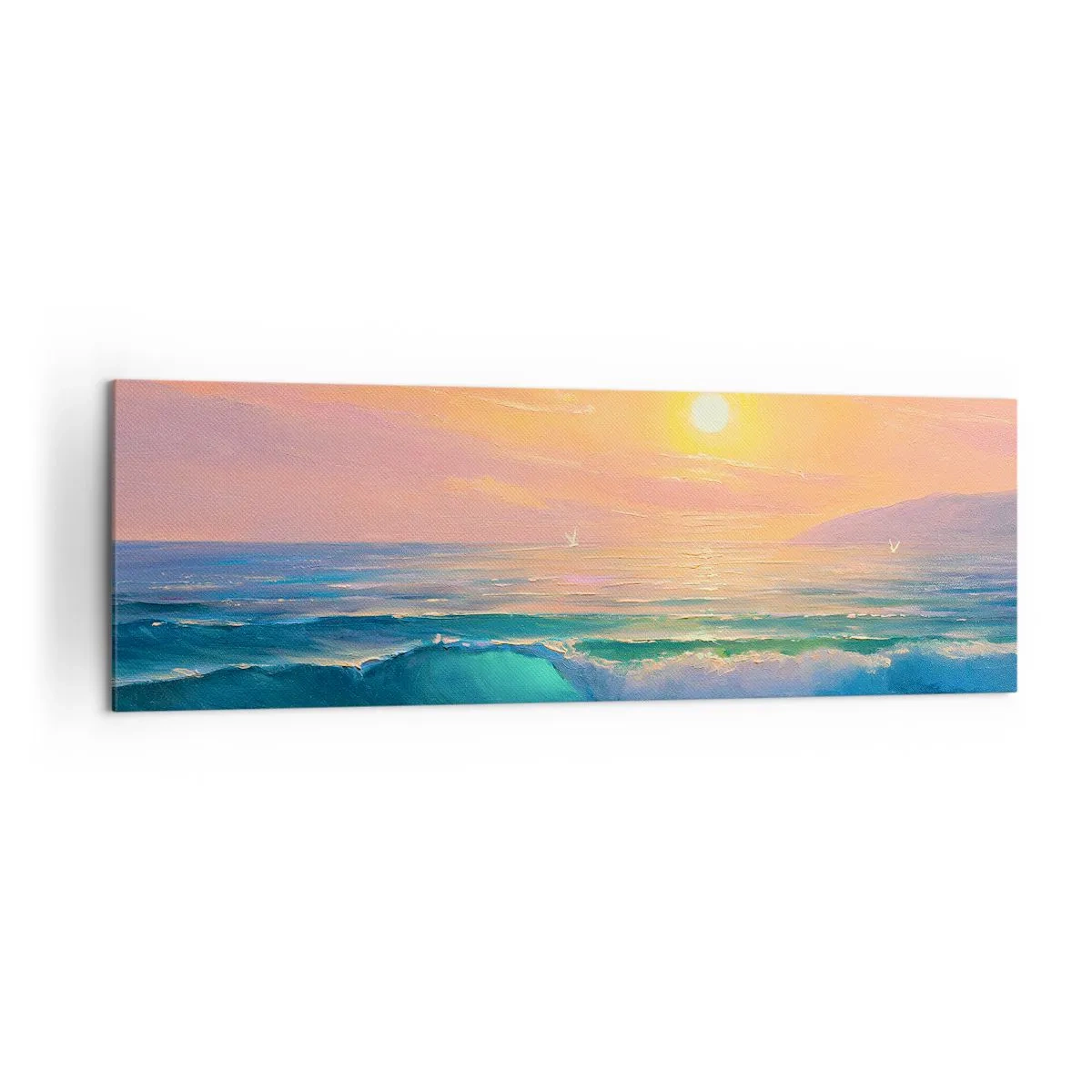 Bild auf Leinwand - Leinwandbild - Meereslandschaft mit Sonnenuntergang - 160x50cm - Ein türkisfarbenes Lied der Wellen - Moderne Wanddekoration für Wohnzimmer und Schlafzimmer ARTTOR