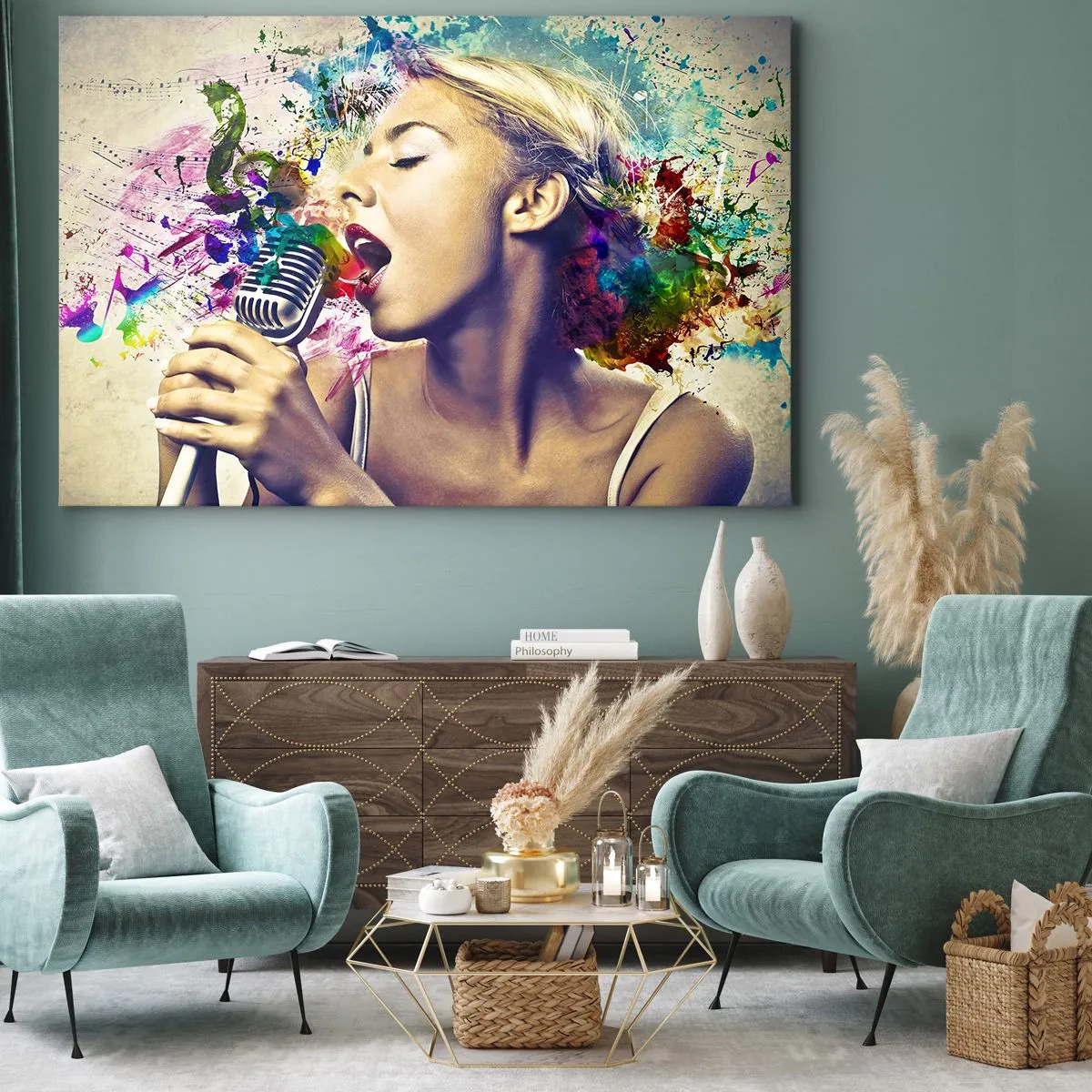 Bild auf Leinwand - Leinwandbild - Künstlerisches Porträt einer singenden Frau mit farbenfrohen Effekten - 70x50cm - Malen Sie die Welt mit Ihrer Stimme - Moderne Wanddekoration für Wohnzimmer und Schlafzimmer ARTTOR