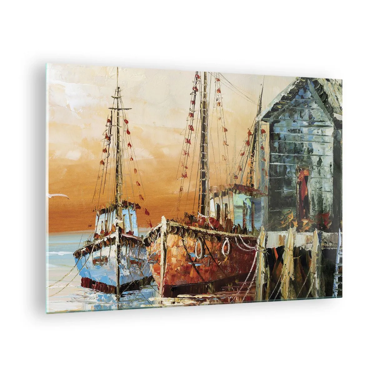 Glasbild - Bild auf glas - Bunte Boote im Yachthafen - 70x50cm - Friedliche Rückkehr - Moderne Wanddekoration für Wohnzimmer und Schlafzimmer ARTTOR