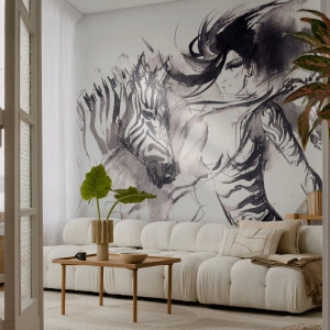 Selbstklebende Fototapete Deluxe Sticker - Tanzen mit den Zebras - Abstraktion, Frau, Rippen - 500x350 cm
