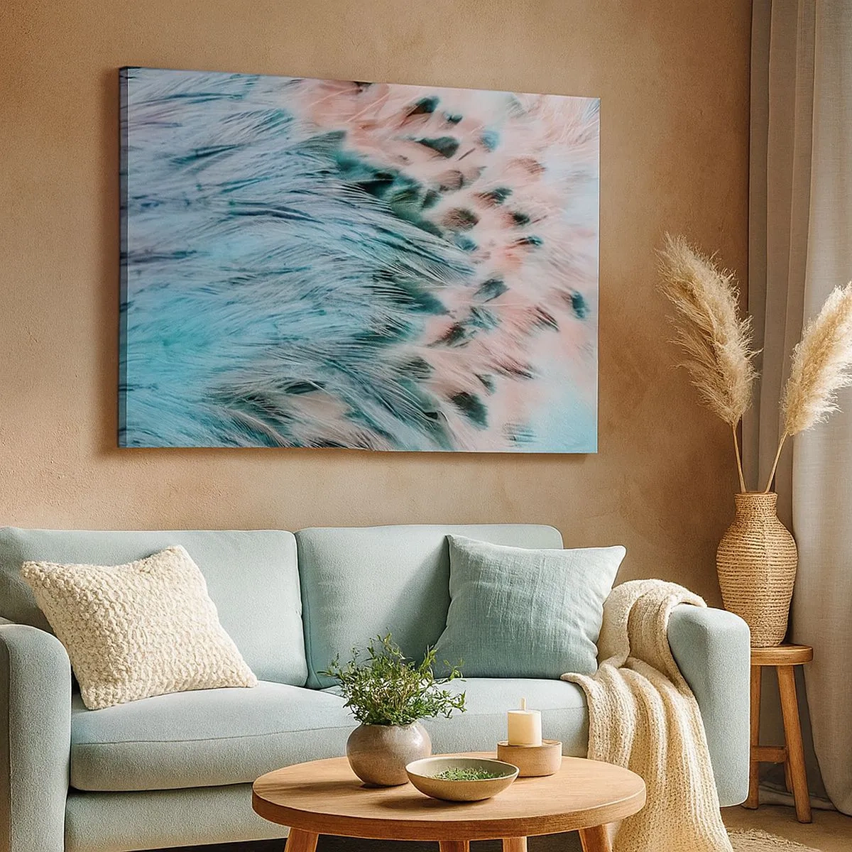 Bild auf Leinwand - Leinwandbild - Nahaufnahme von Federn in pastellfarbenen Saphir-Rosa-Farben - 70x50cm - Saphirrosa Daunen - Moderne Wanddekoration für Wohnzimmer und Schlafzimmer ARTTOR