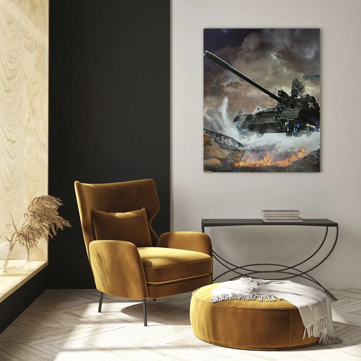 Glasbild - Bild auf glas - Kampfszene mit Panzern und Flugzeugen im Hintergrund - 70x100cm - Der Kampf ist schrecklich und schön - Moderne Wanddekoration für Wohnzimmer und Schlafzimmer ARTTOR