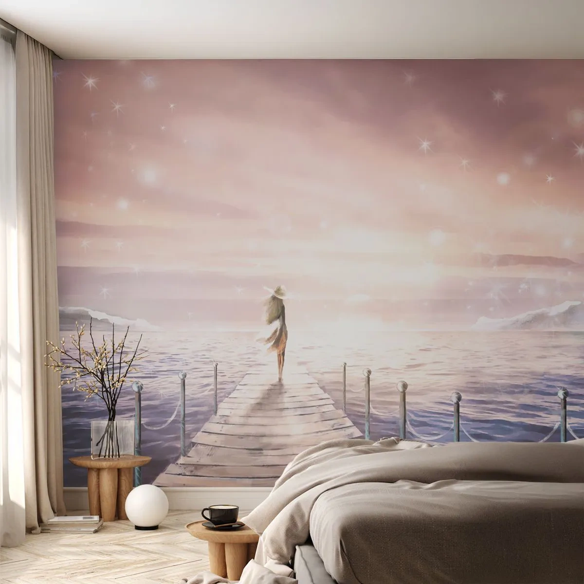 Fototapete Premium Sand - Frau auf dem Pier im Licht des Horizonts - 100x70cm - Im Licht eines Traums - Moderne Wanddekoration für Wohnzimmer und Schlafzimmer ARTTOR