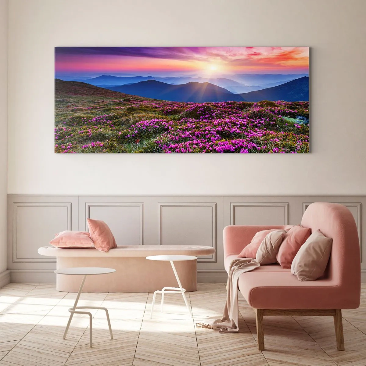 Glasbild - Bild auf glas - Bergwiese mit Blumen bei Sonnenuntergang - 160x50cm - Kräuter dufteten nach frischen Trauben von den Feldern - Moderne Wanddekoration für Wohnzimmer und Schlafzimmer ARTTOR