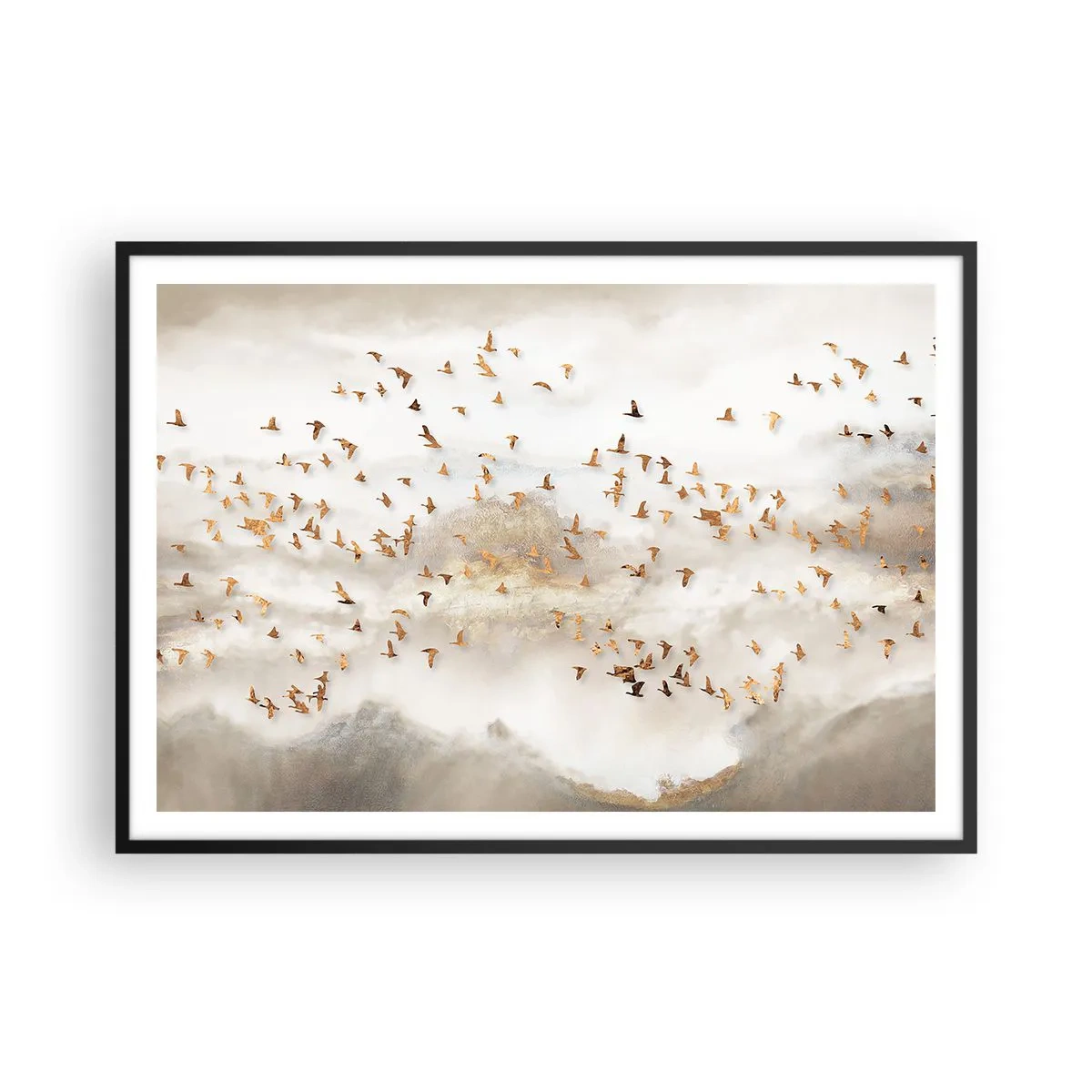 Poster in einem schwarzem Rahmen - Goldene Vögel vor den nebligen Bergen - 100x70cm - Es ist schon die Zeit… - Moderne Wanddekoration für Wohnzimmer und Schlafzimmer ARTTOR