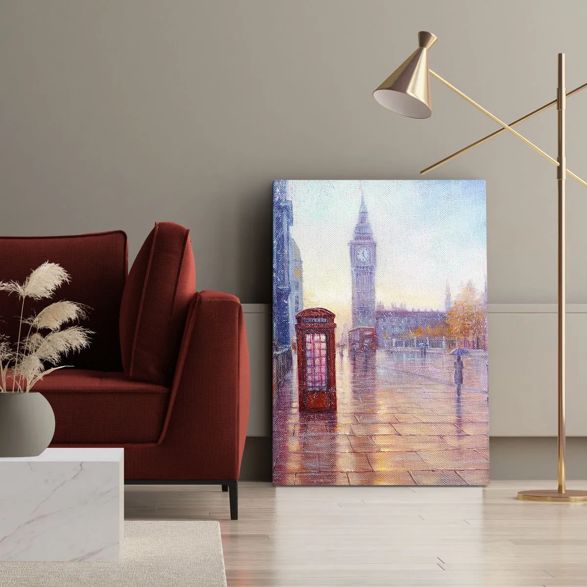 Bild auf Leinwand - Leinwandbild - Londoner Straße mit Big Ben an einem regnerischen Tag - 80x120cm - Londoner Herbsttag - Moderne Wanddekoration für Wohnzimmer und Schlafzimmer ARTTOR