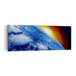 Bild auf Leinwand - Leinwandbild - Blick auf die Erde aus dem Weltraum bei Sonnenuntergang - 140x50cm - Sonnenaufgang über dem blauen Planeten - Moderne Wanddekoration für Wohnzimmer und Schlafzimmer ARTTOR