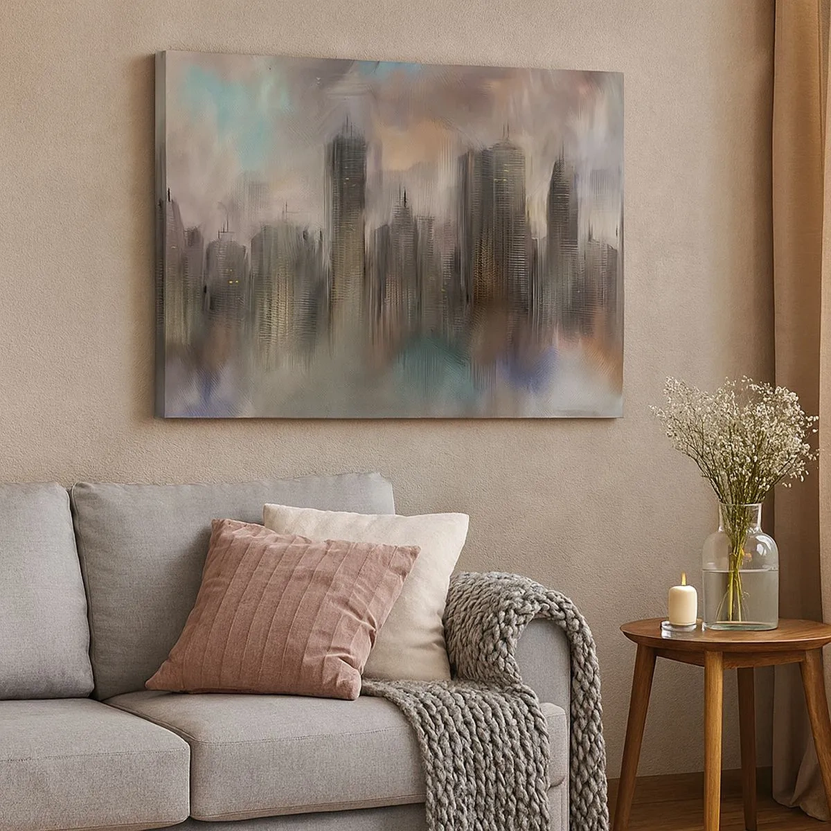 Bild auf Leinwand - Leinwandbild - Eine künstlerische Vision einer Stadtlandschaft mit Wolkenkratzern in Pastellfarben. - 70x50cm - Eine Komposition aus Stahl, Stein und Nebel - Moderne Wanddekoration für Wohnzimmer und Schlafzimmer ARTTOR