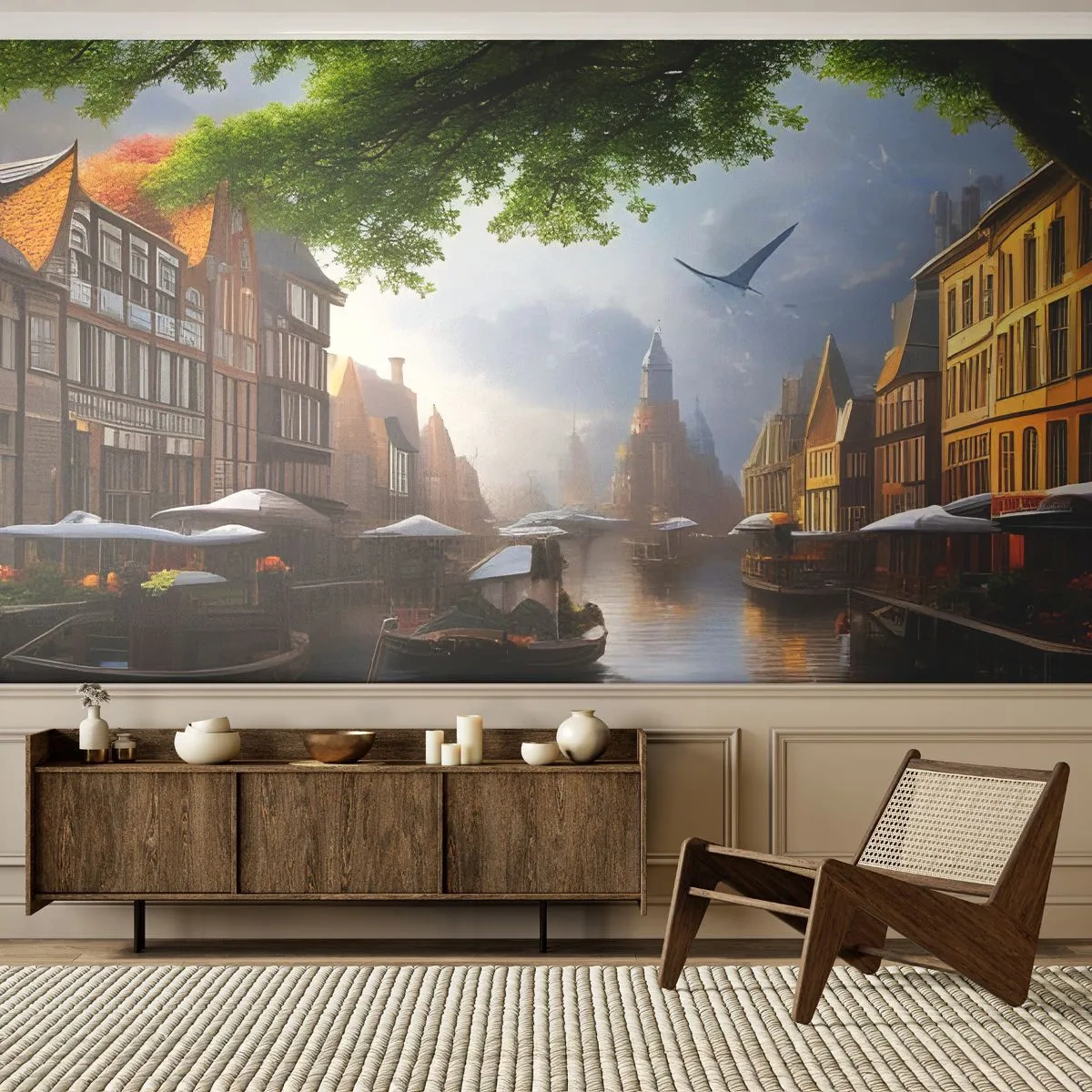 Fototapete Premium Canvas - Niederländisches Stadtbild - Alte Stadt, Boote, Kanal - 150x105 cm
