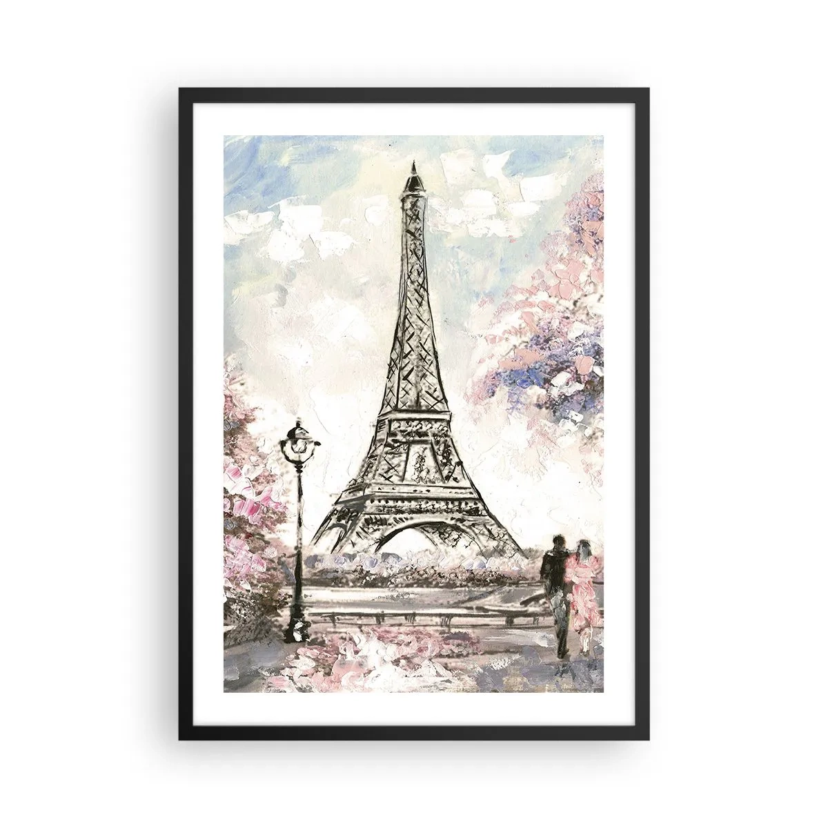 Poster in einem schwarzem Rahmen - Der Eiffelturm mit einer romantischen Landschaft in Pastellfarben - 50x70cm - Aprilspaziergang durch Paris - Moderne Wanddekoration für Wohnzimmer und Schlafzimmer ARTTOR