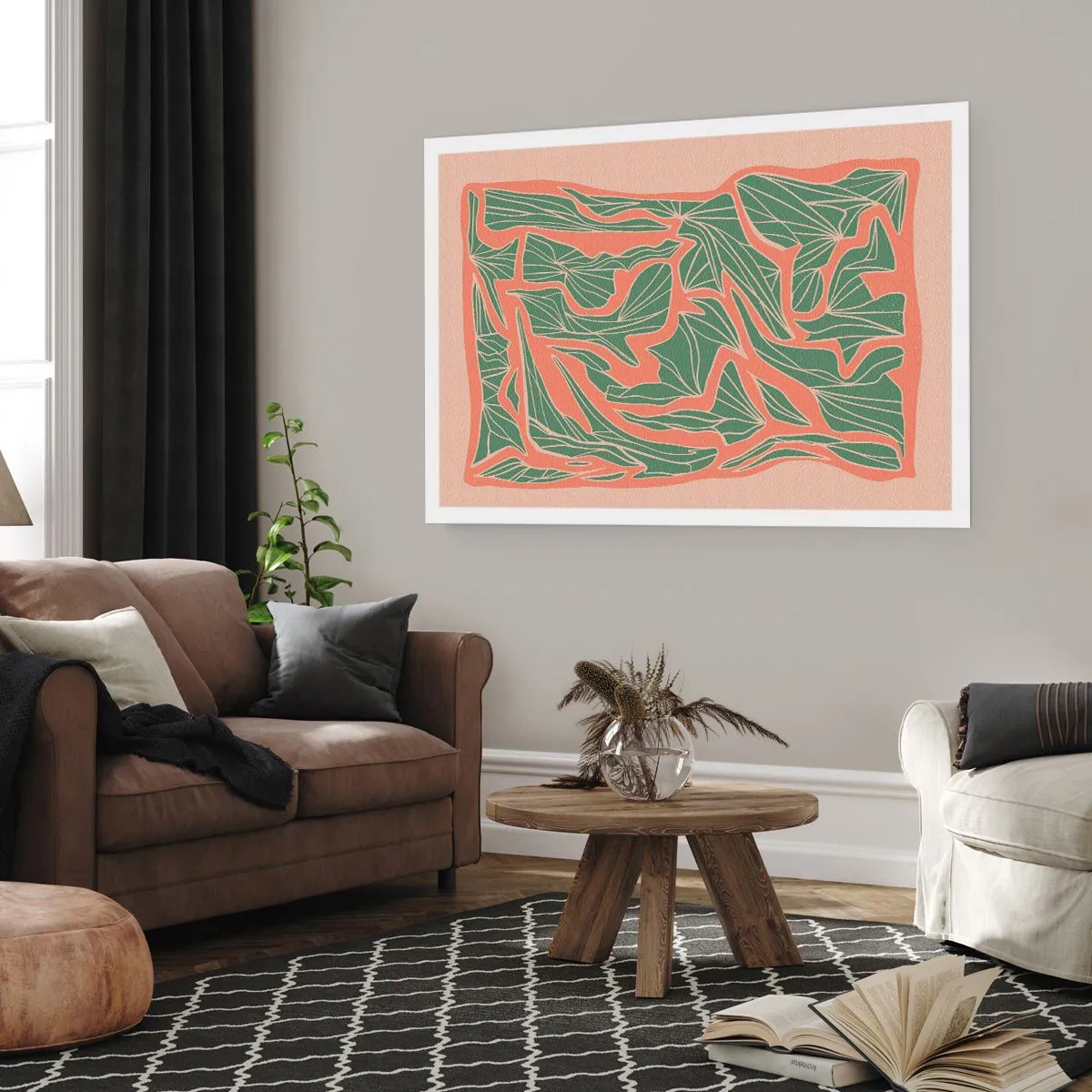 Poster - Ein Pflanzenmuster in Grün- und Orangetönen - 100x70cm - Kampf zwischen Korallen und Grün - Moderne Wanddekoration für Wohnzimmer und Schlafzimmer ARTTOR