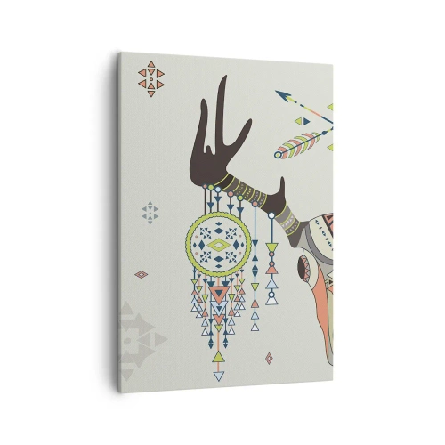 Bild auf Leinwand - Leinwandbild - Boho Deko mit Hirschschädel und Traumfänger - 50x70cm - Indische Jägertrophäe - Moderne Wanddekoration für Wohnzimmer und Schlafzimmer ARTTOR