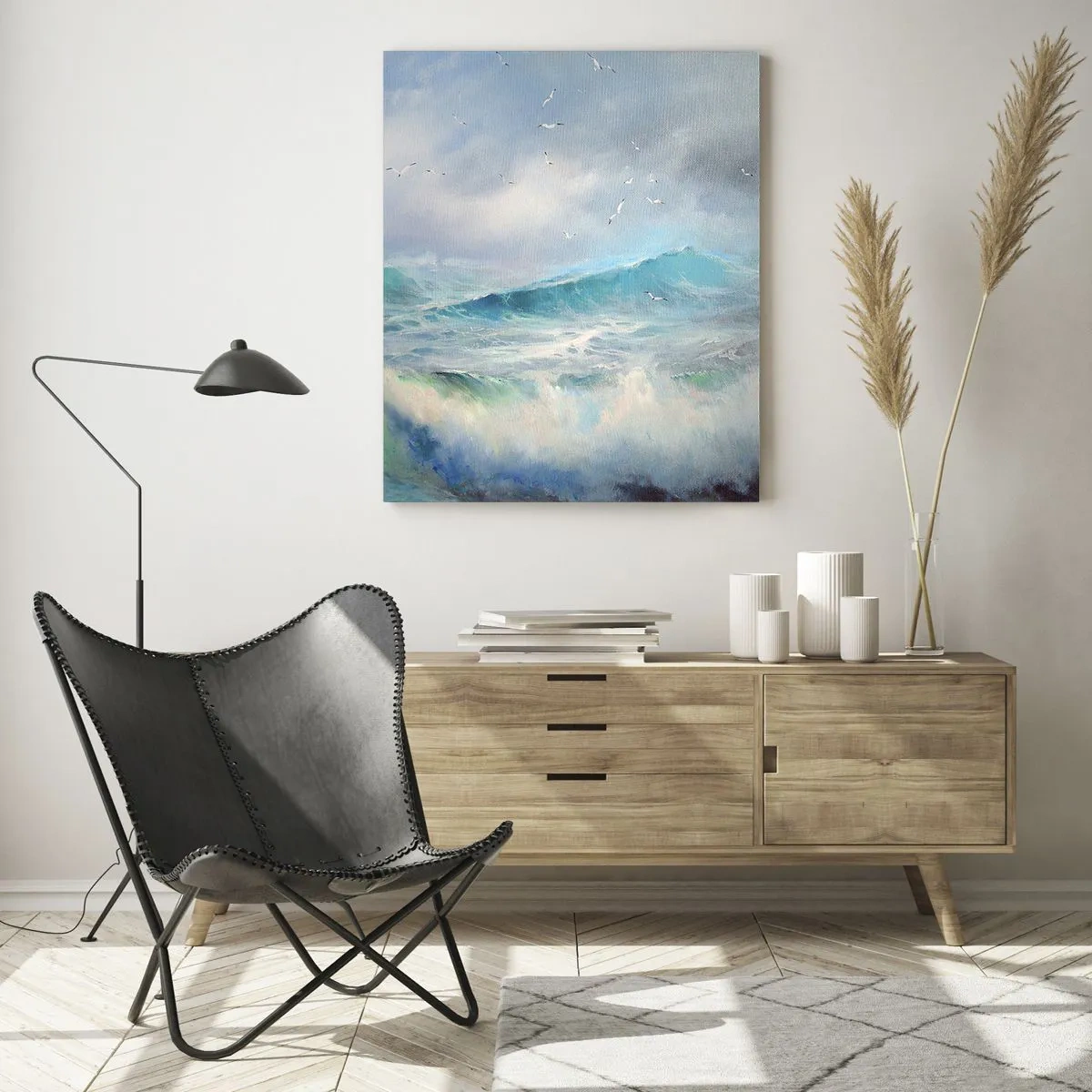 Glasbild - Bild auf glas - Raue Meereswellen mit Vögeln in einem bewölkten Himmel - 50x70cm - Der wind heulte mit Triumph - Moderne Wanddekoration für Wohnzimmer und Schlafzimmer ARTTOR