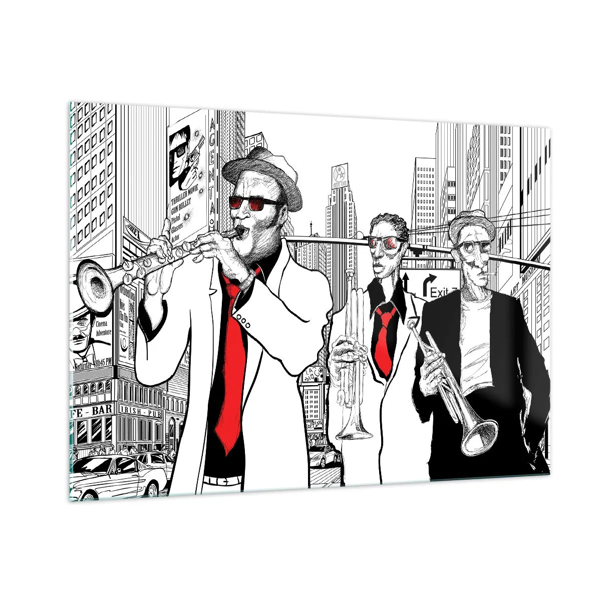 Glasbild - Bild auf glas - Eine Jazz-Straßenband mit modernem Grafikstil. - 100x70cm - Urbane Rhapsodie in Schwarz und Rot - Moderne Wanddekoration für Wohnzimmer und Schlafzimmer ARTTOR