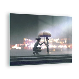 Glasbild - Bild auf glas - Figuren im Regen mit Regenschirmen vor dem Hintergrund der Nachtlichter - 70x50cm - Und jetzt ist alles in Ordnung - Moderne Wanddekoration für Wohnzimmer und Schlafzimmer ARTTOR
