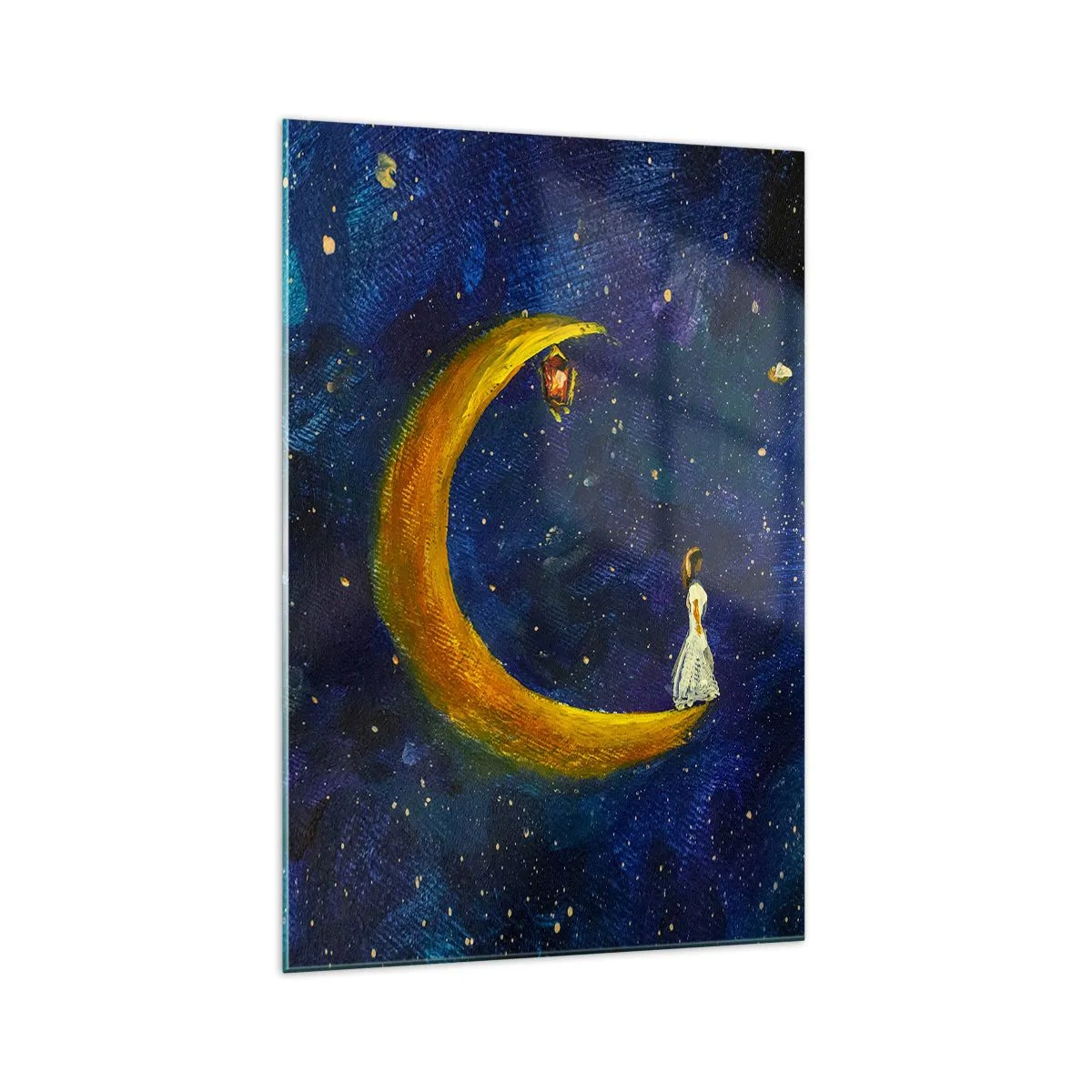 Glasbild - Bild auf glas - Ein Mädchen steht auf dem Mond in einem Sternenhimmel - 70x100cm - Der Ruf der Welt - Moderne Wanddekoration für Wohnzimmer und Schlafzimmer ARTTOR