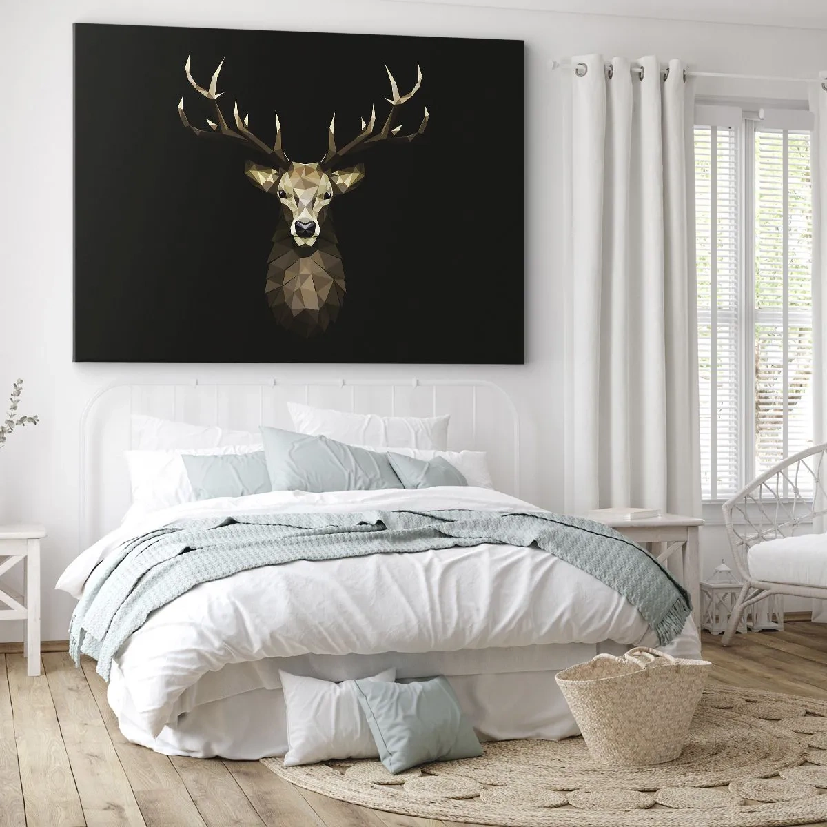 Bild auf Leinwand - Leinwandbild - Geometrisches Polygon Hirsch auf schwarzem Hintergrund - 100x70cm - Kubistischer Hirsch - Moderne Wanddekoration für Wohnzimmer und Schlafzimmer ARTTOR