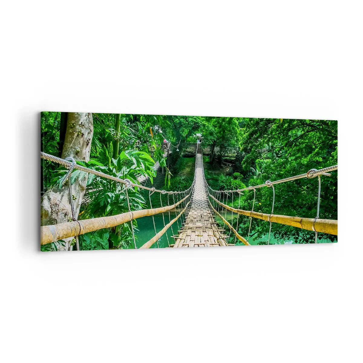 Bild auf Leinwand - Leinwandbild - Eine hängende Bambusbrücke, umgeben von Grün - 120x50cm - Monkey Bridge über das Grün - Moderne Wanddekoration für Wohnzimmer und Schlafzimmer ARTTOR