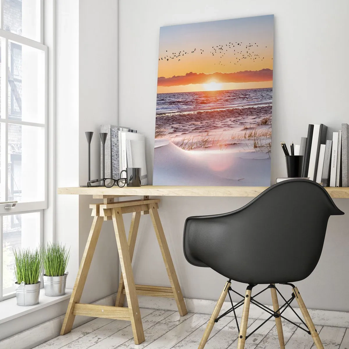 Glasbild - Bild auf glas - Sonnenuntergang über dem Meer mit Vögeln und Sanddünen - 50x70cm - Horizontale Landschaft - Moderne Wanddekoration für Wohnzimmer und Schlafzimmer ARTTOR
