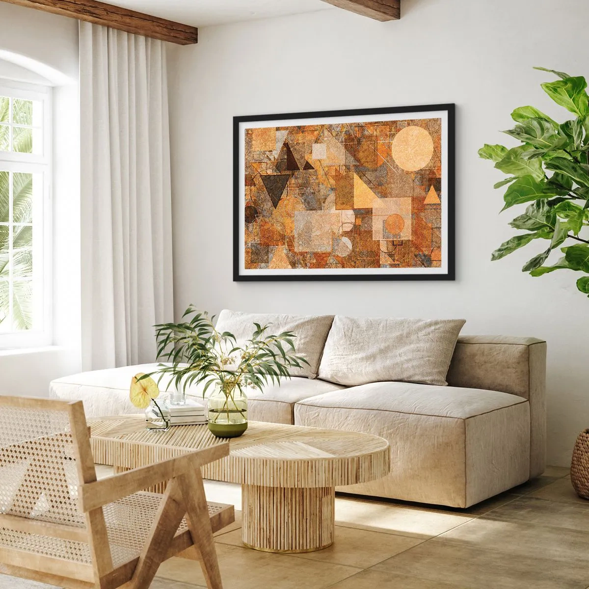 Poster in einem schwarzem Rahmen - Abstrakte geometrische Figuren in warmen Farbtönen - 100x70cm - Eine kubistische Studie aus Bronze - Moderne Wanddekoration für Wohnzimmer und Schlafzimmer ARTTOR