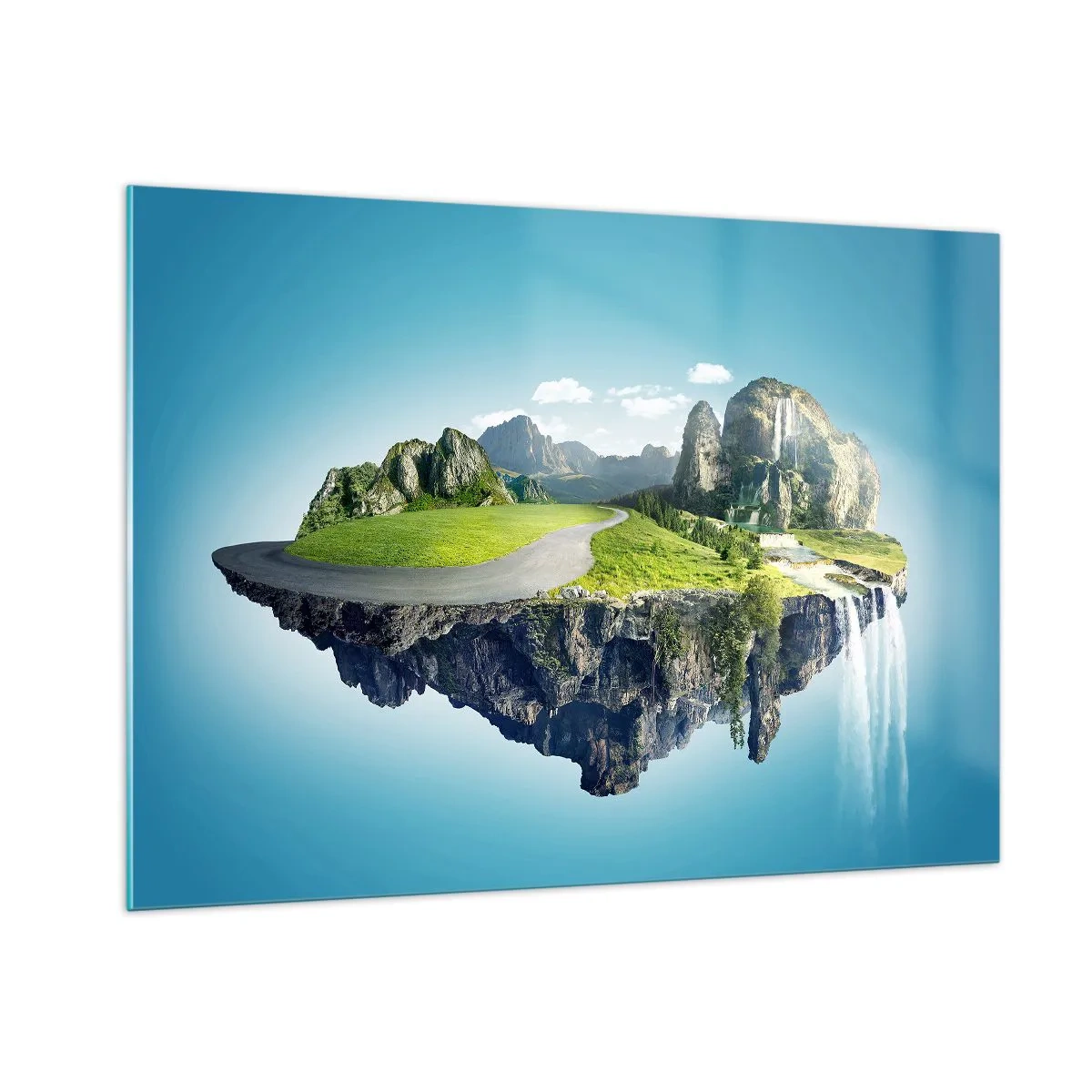 Glasbild - Bild auf glas - Eine schwimmende Insel mit Bergen, einem Wasserfall und viel Grün - 100x70cm - Fantastische Insel - Moderne Wanddekoration für Wohnzimmer und Schlafzimmer ARTTOR
