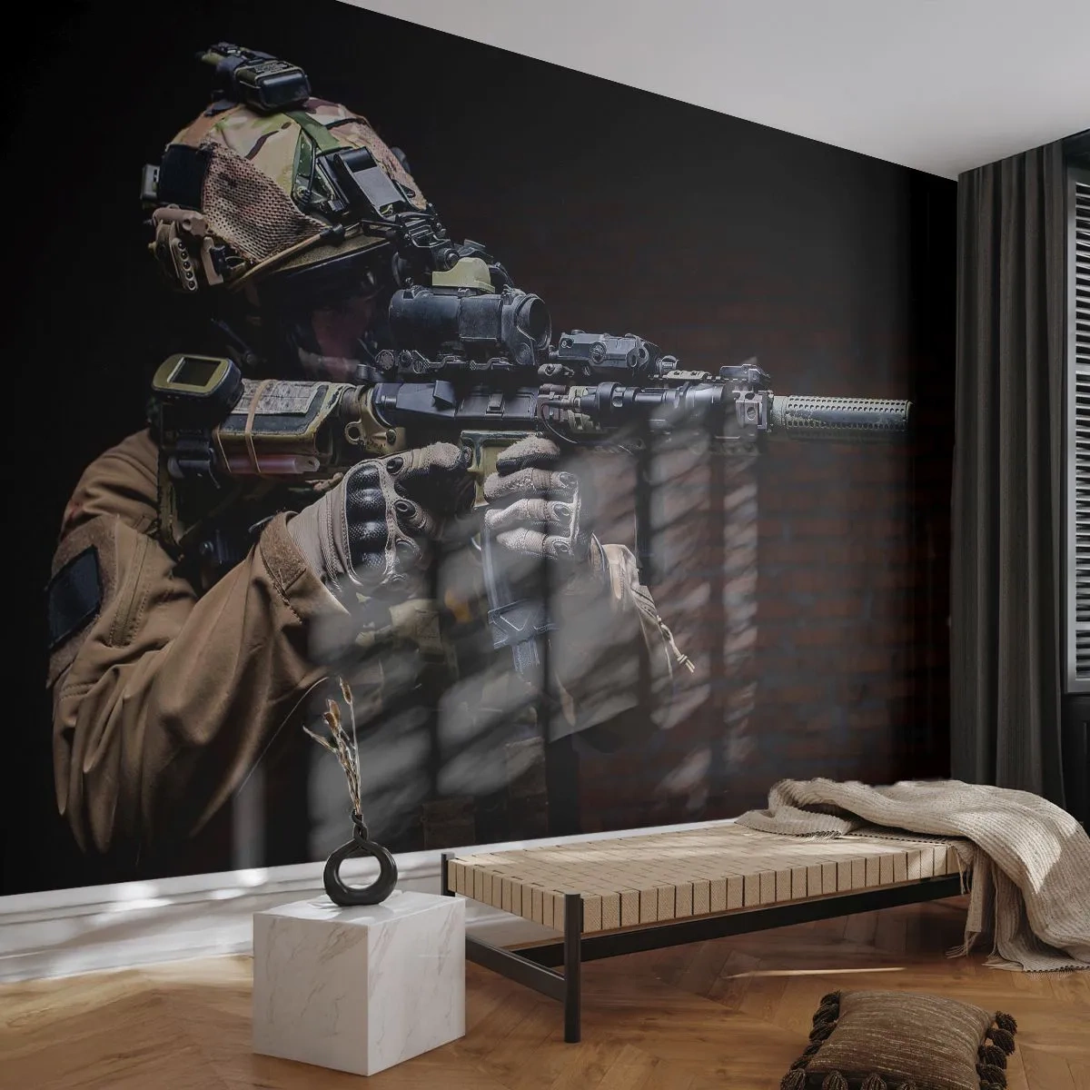 Fototapete Premium Sand - Tödlich wirksam - Militär, Gewehr, Waffe - 100x70 cm