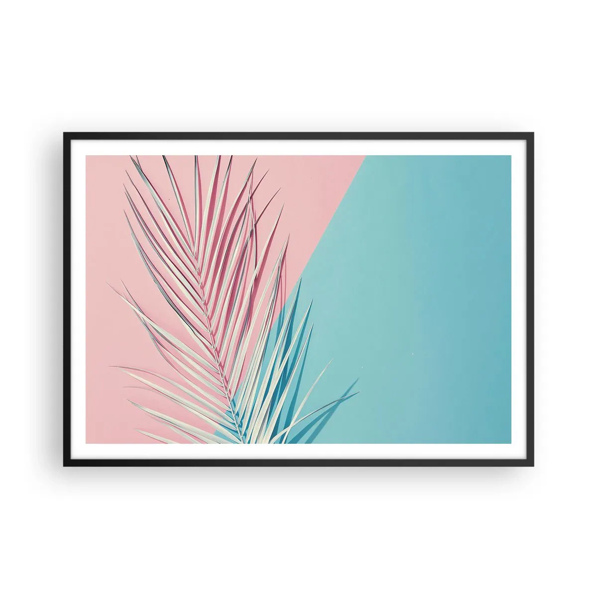 Poster in einem schwarzem Rahmen - Tropisches Blatt vor einem Hintergrund in Pastelltönen von Rosa und Blau - 100x70cm - Tropischer Eindruck - Moderne Wanddekoration für Wohnzimmer und Schlafzimmer ARTTOR
