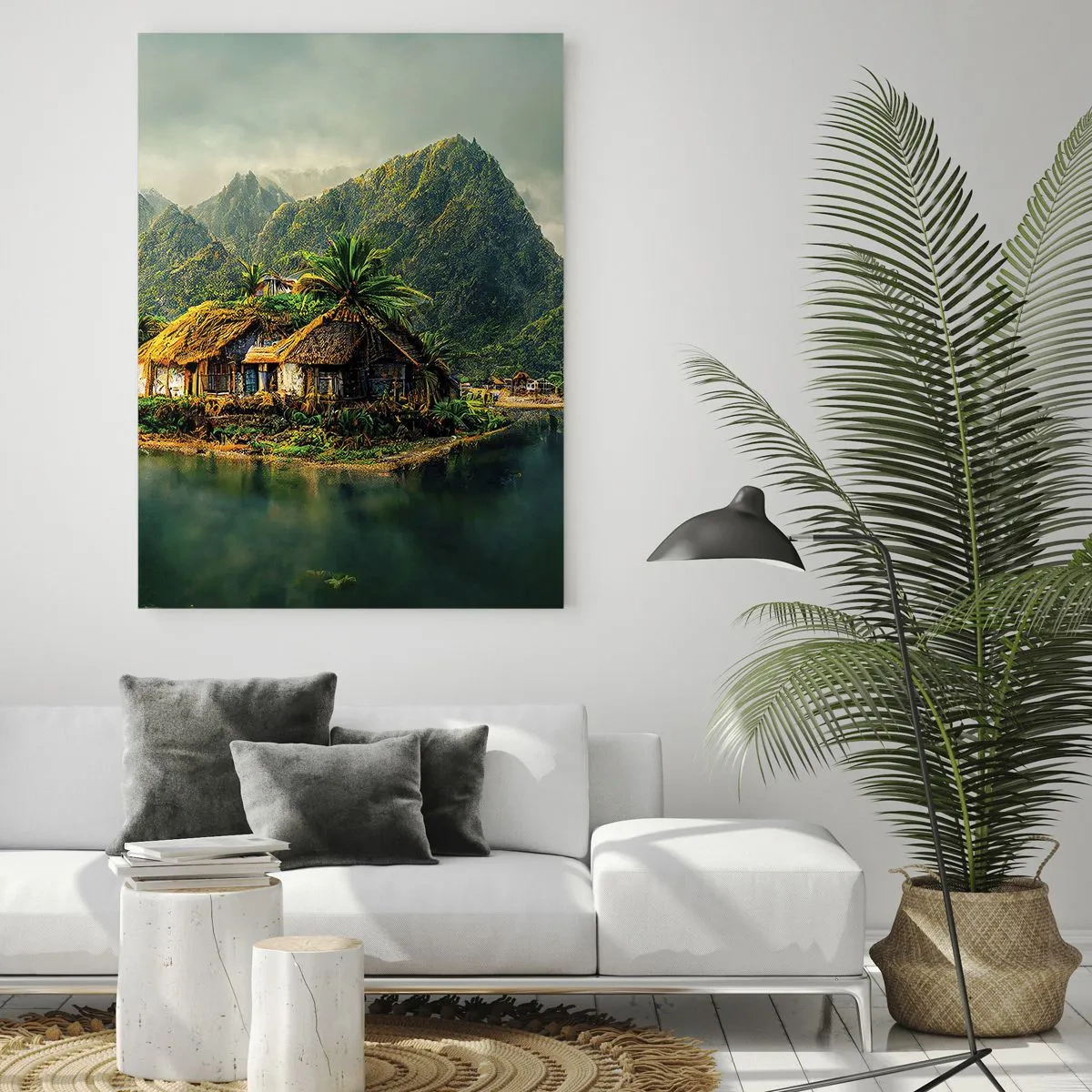 Glasbild - Bild auf glas - Ein tropisches Dorf am Wasser, umgeben von Bergen und Palmen - 50x70cm - Tropisches Paradies - Moderne Wanddekoration für Wohnzimmer und Schlafzimmer ARTTOR