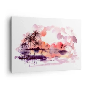 Bild auf Leinwand - Leinwandbild - Tropische Landschaft mit Palmen bei Sonnenuntergang in Aquarell - 70x50cm - Die Ruhe der Tropen in Rot - Moderne Wanddekoration für Wohnzimmer und Schlafzimmer ARTTOR